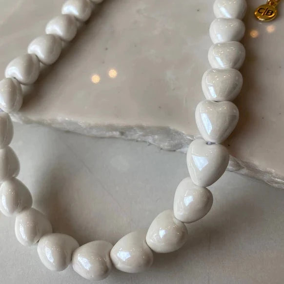 Glazed Porcelain Hearts Necklace - White