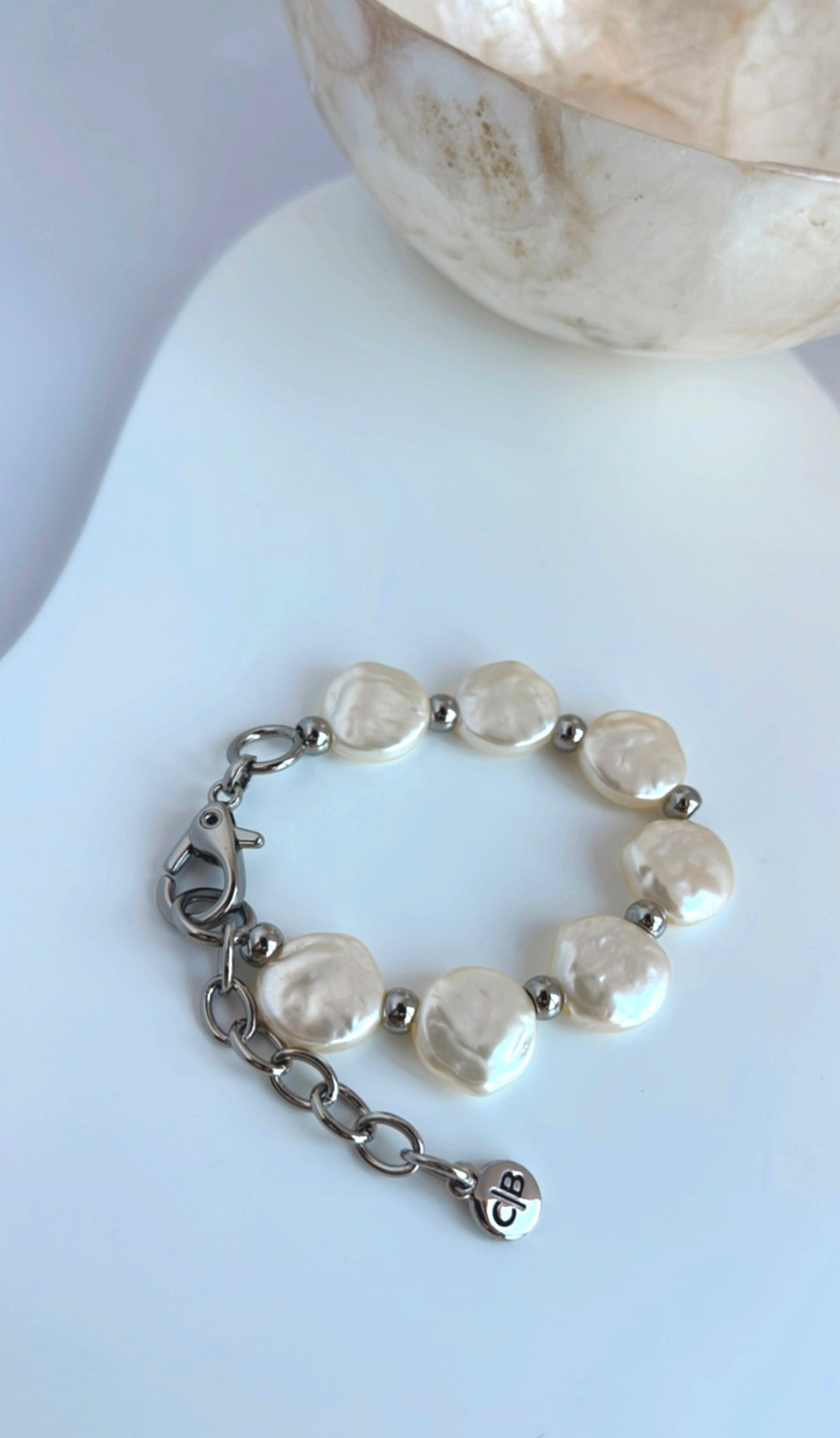 Silver Pearl Tablet Bracelet