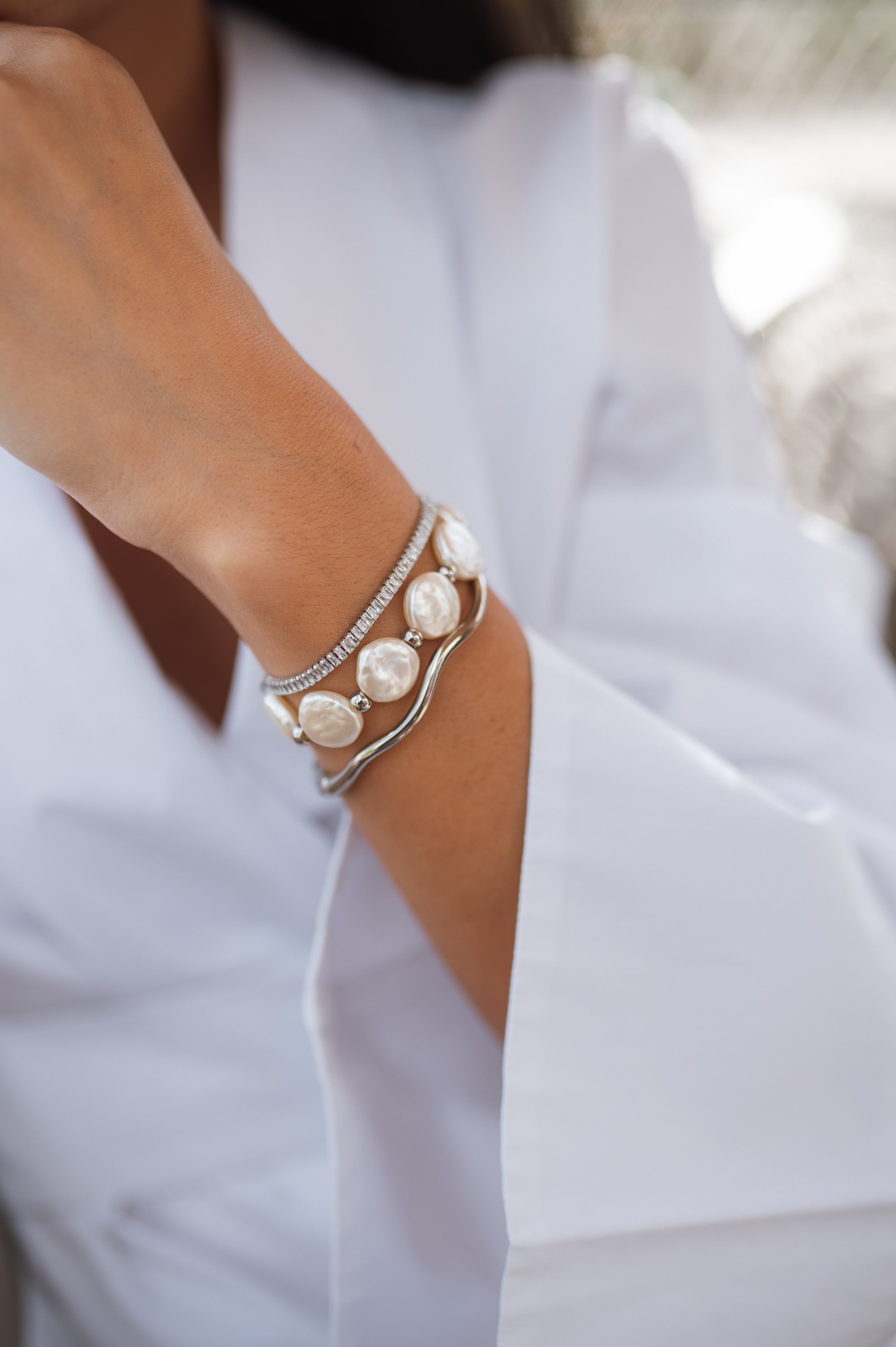 Silver Pearl Tablet Bracelet
