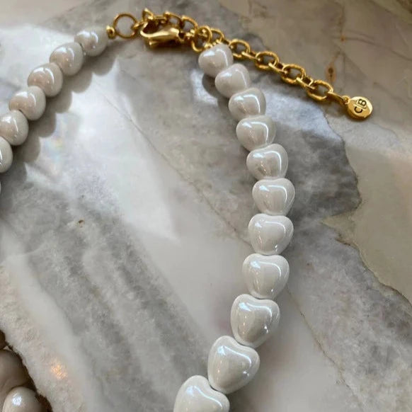 Glazed Porcelain Hearts Necklace - White